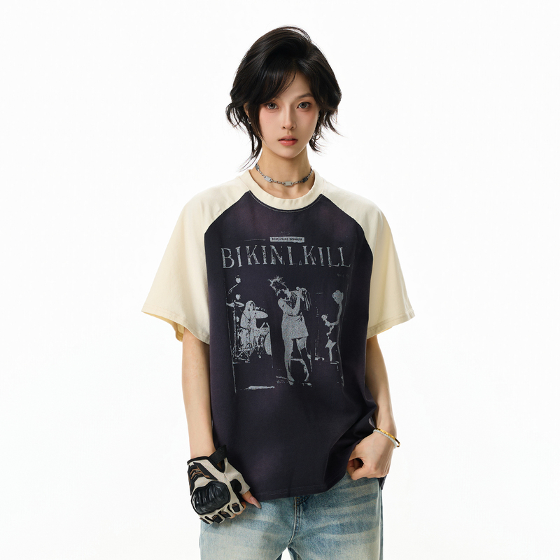 Bflc "Rock Punk" American Retro Raglan Sleeve Portrait Print Vintage Short-Sleeve T-Shirt Cool Top