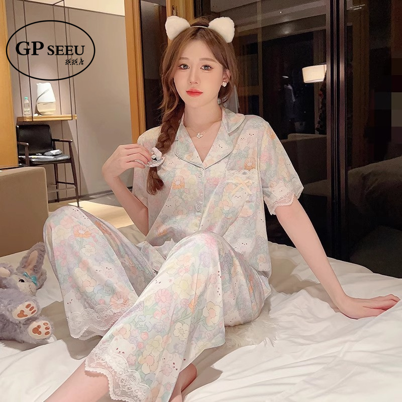 Gp Seeu Silk Pajamas for Women, Summer Thin Short-Sleeved Set, Recommended by Xiaohongshu, High-End Tie-Dye Loungewear