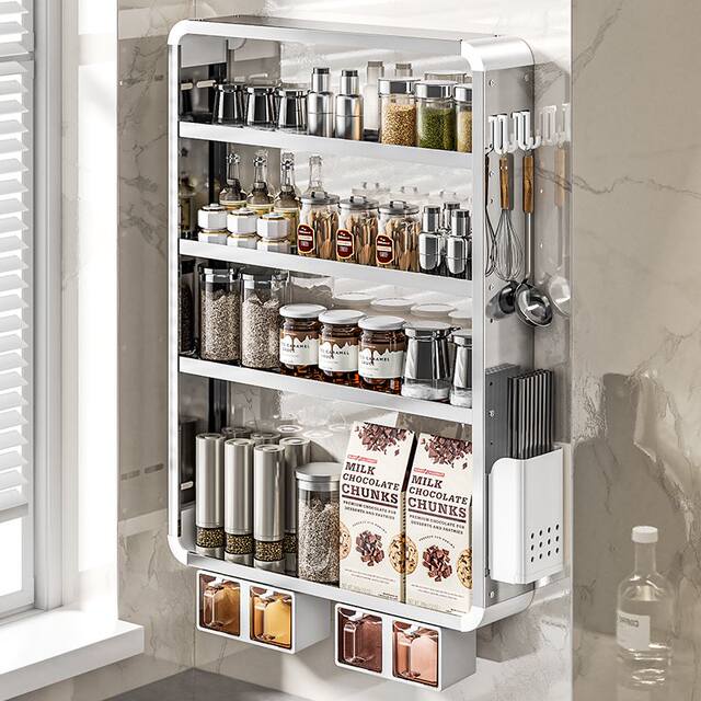 Jiejin stainless steel kitchen condiment storage rack wall hanging no punching wall storage condiment storage rack multi-functional