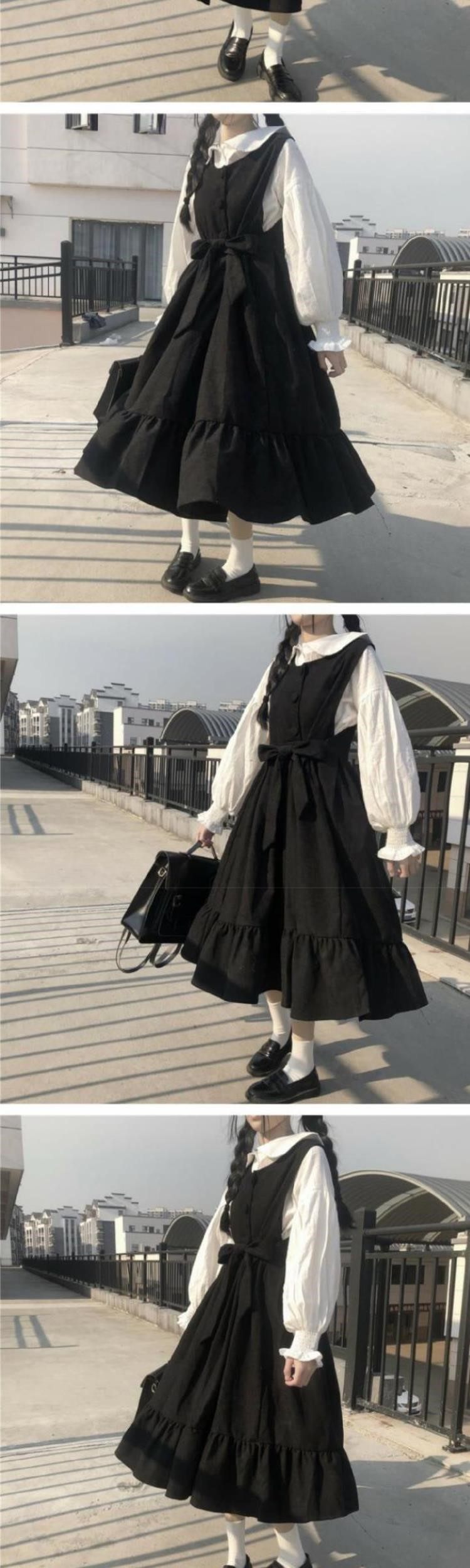 Women Dress Kawaii Lolita Casual Loose Long Suspender Dress Big Swing  FallSpring | eBay