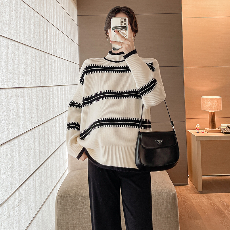 Pregnancy Woman Dress Autumn Winter Suit Fashion Striped Blouses Undershirt Winter Thickening Temperament Knitted Warm Cover Sweater-Taobao