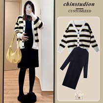 Maternity autumn and winter clothing set fashionable striped knitted sweater cardigan slim dress autumn style two-piece set