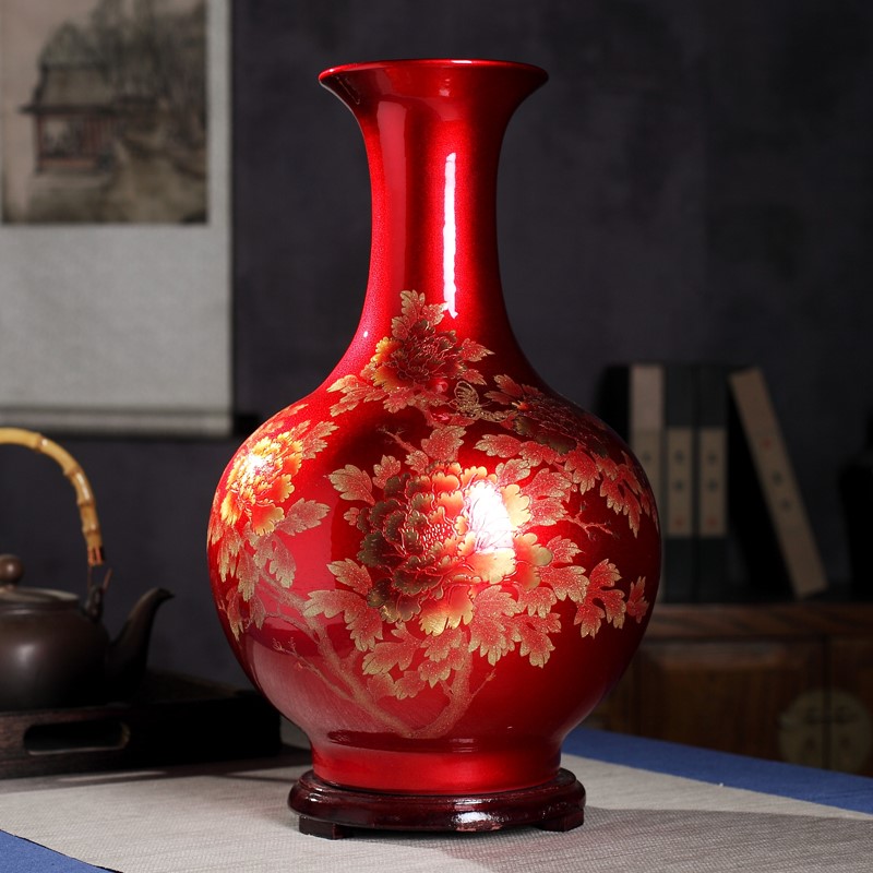 Crystal glazed ceramic landing large vase to fit Chinese red-scenic Detown living room Chinese wedding decoration crafts