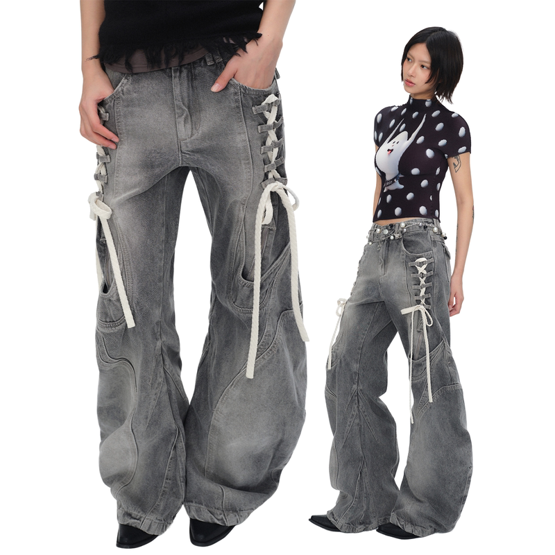 Oink Oink Gray Denim Deconstructed Shoelace-Decorated Low-Rise Scimitar Pants, Summer Lightweight Breathable Distressed Scimitar Pants