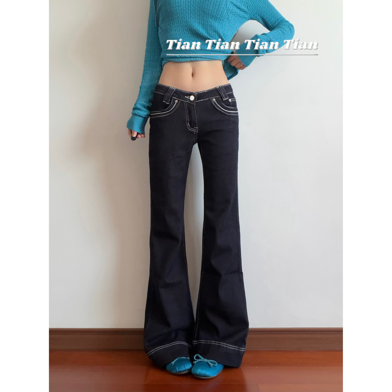 Tian American Retro Low-Waist Raw Denim Slim-Fit Hot Girl Wide-Leg Flared Pants for Women