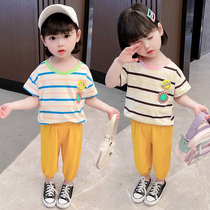 Baby girl suit summer new foreign style children summer clothes girl short sleeve striped thin chiffon pants tide