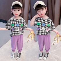 Childrens clothing female baby set summer new foreign-style children short sleeve Korean girl ankle-length pants summer two-piece set