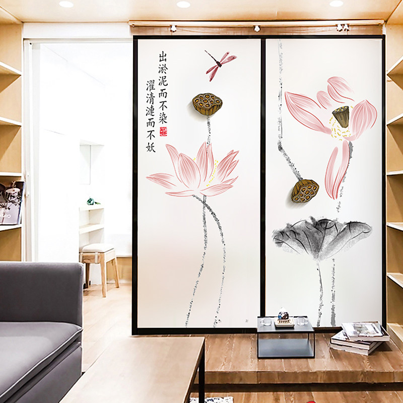 Lotus Window Glass Sticker Light Transmission Opaque Toilet Bathroom room Living Room Compartment Shifting Doors Frosted Film China Wind