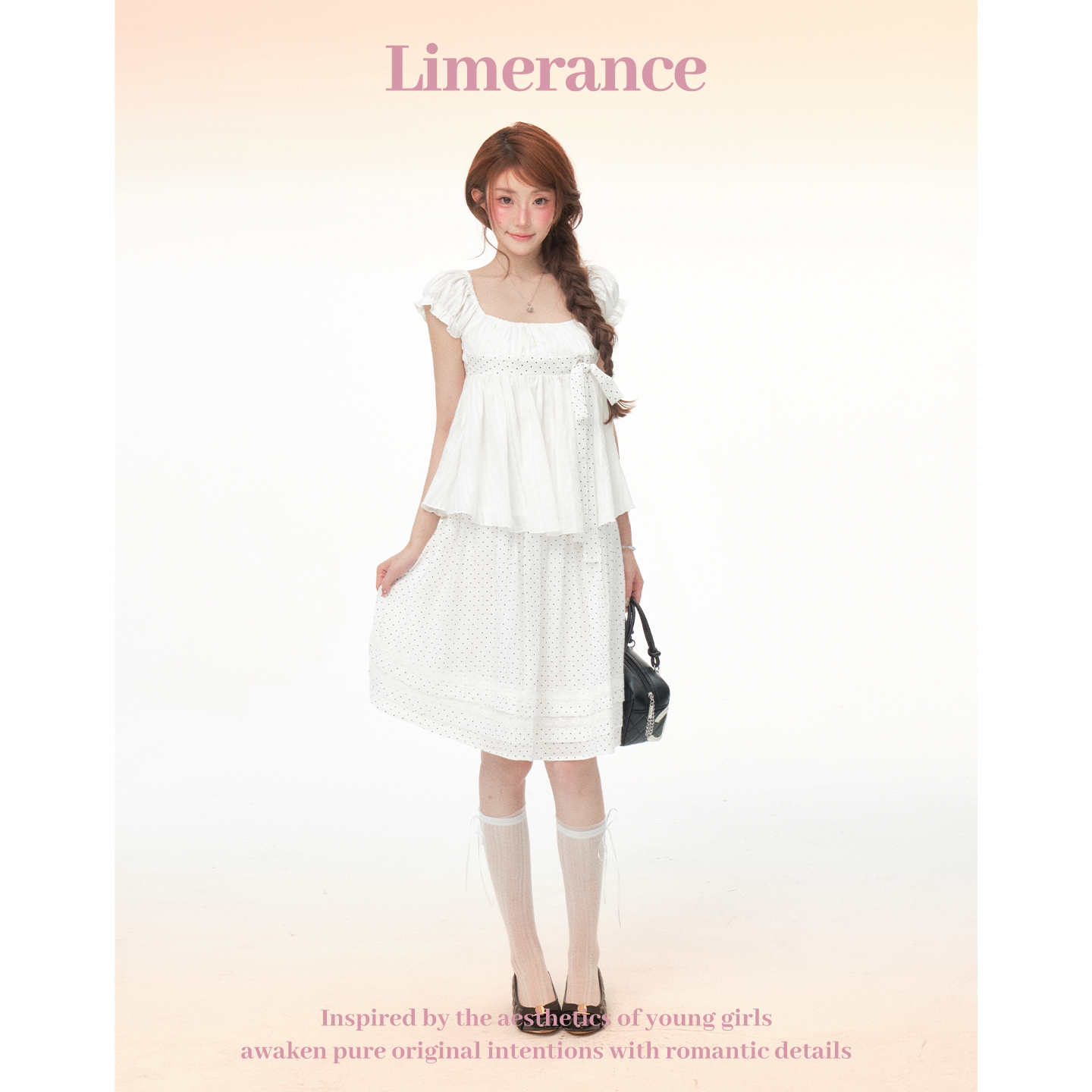 Limerance リボン パフスリーブ ティアード ドット セットアップ