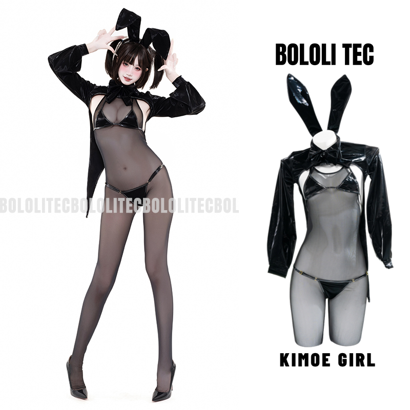BOLOLI 日本のデザインの質感のある生地、黒のパテントレザーのアゲハチョウのバニーガールスーツ、コスプレ写真撮影セッション