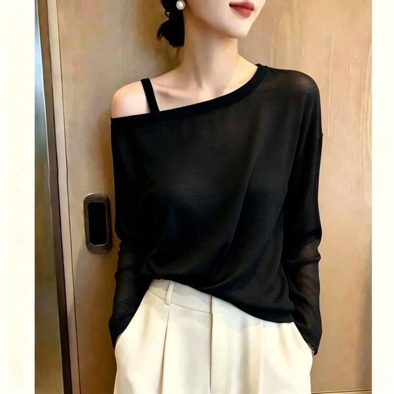 Asymmetrical Black Long-Sleeve T-Shirt for Women, Unique and Beautiful for Autumn, Stylish and Chic, Lazy Style Off-Shoulder Top Asymmetrical Black Long-Sleeve T-Shirt for Women, Unique and Beautiful for Autumn, Stylish and Chic, Lazy Style Off-Shoulder Top