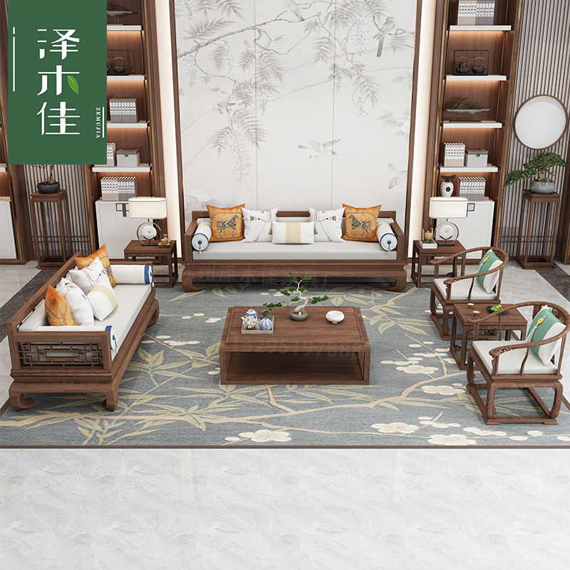 New Chinese style solid wood sofa combination simple light luxury high-end Chinese style Zen fabric Arhat bed and chair customization