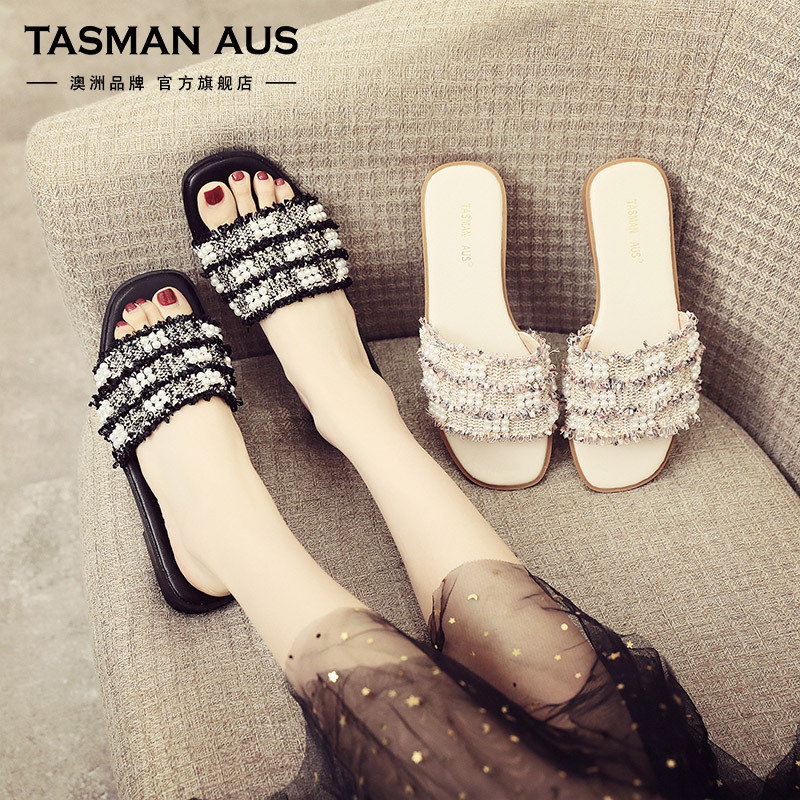 Tasman Aus Small Fragrant Style Pearl Sandals for Women, Australian Spring and Summer Style, Fashionable Flat-Soled Versatile Shoes for Outdoor Wear 4361A