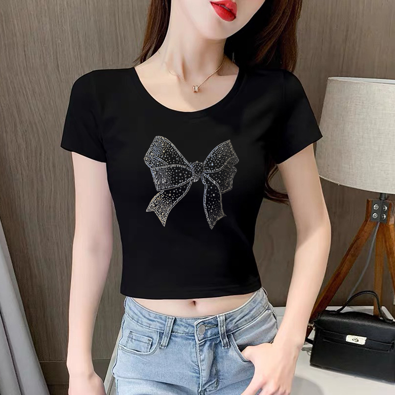 Short-Sleeved Black T-Shirt for Women, Short Style, Round Neck, High Waist, Midriff-Baring, Korean Style, Slim Fit, 2025 Summer New Top ins Trendy