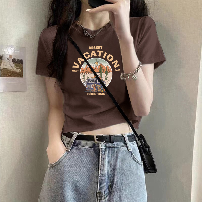 Belly Button Exposed Short Top for Women, Summer Thin Style ins Petite Short-Sleeved Loose Korean Style Pure Cotton Coffee-Colored T-Shirt