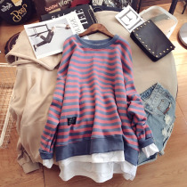 Pure cotton long-sleeved T-shirt womens top sweater womens long loose large size spring and autumn Korean version of the tide of winter velvet thickened