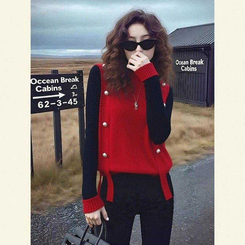 Christmas and New Year Super Trendy Winter Outfits, Fashionable Retro Red Knitted Vest Layered with Tank Top Tops for Women 2025 Christmas and New Year Super Trendy Winter Outfits, Fashionable Retro Red Knitted Vest Layered with Tank Top Tops for Women 2025