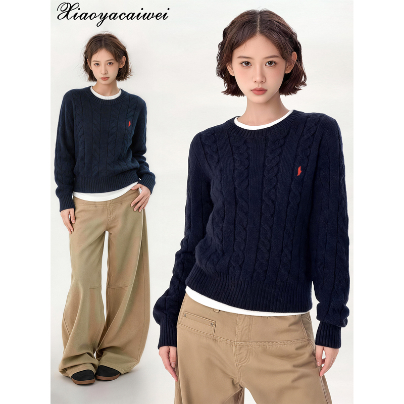 Navy Blue Cable Knit Sweater for Women, Lazy Style, Autumn and Winter, Stylish, Warm, High-End, Knitted, Loose Pullover, Cable Knit Top Navy Blue Cable Knit Sweater for Women, Lazy Style, Autumn and Winter, Stylish, Warm, High-End, Knitted, Loose Pullover, Cable Knit Top