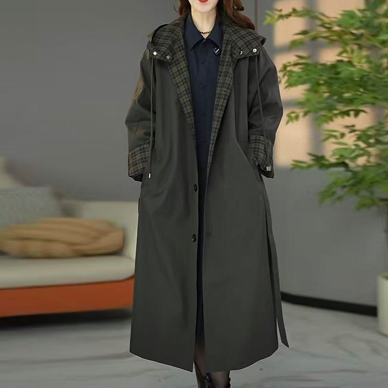 Original Designer Loose-Fitting Slimming Coat 2025 Autumn New European Style Elegant Plaid Hooded Trench Coat