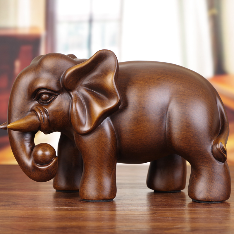 Wooden Carved Elephant Ornaments, Solid Wood Large Cute Elephant Decorations, a Pair of Living Room Tv and Wine Cabinet Decorations
