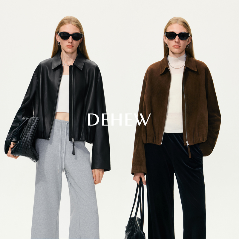 Dehew/Butterfly River Imported Suede Sheepskin Double-Layered Balloon Silhouette Drop-Shoulder Casual Genuine Leather Jacket