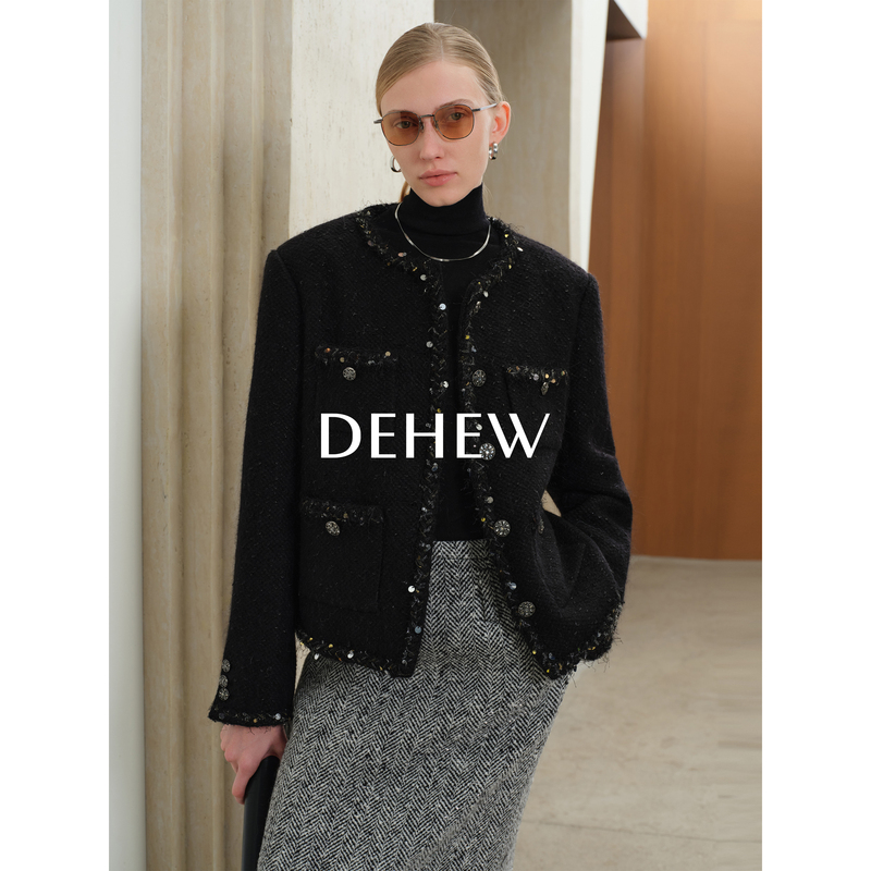 Dehew/Butterfly River Luxurious Custom Woven Peruvian Alpaca Wool Fish Scale Handmade Ribbon Sequin Feather Chanel-Style Jacket