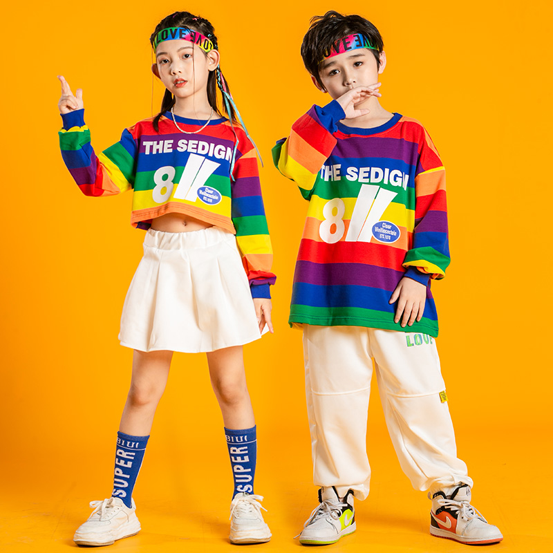 Children's cheerleading children's costumes girls rainbow striped shirts boys hip-hop loose sports performance clothes tide