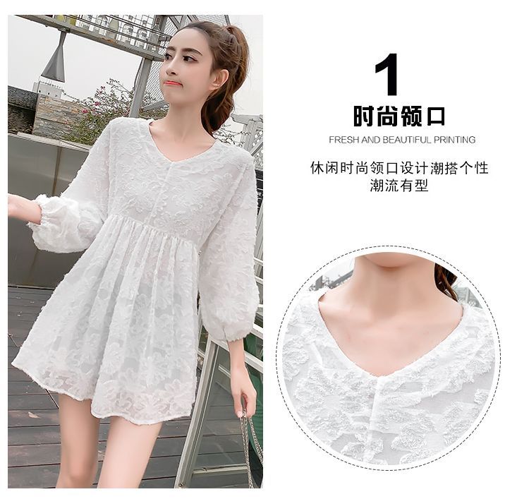 Áo sơ mi búp bê top xòe phiên bản Hàn Quốc rộng rãi và ngọt ngào màu trung đầm voan dài ngang eo che bụng siêu tuổi - Áo sơ mi chiffon ren