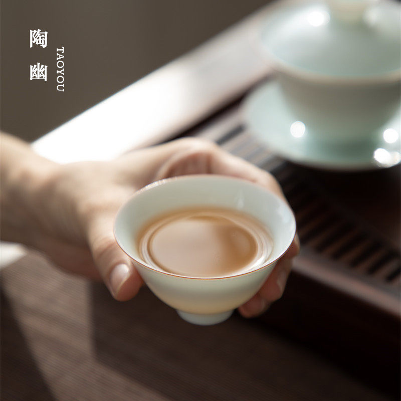 Handmade jade white clay shadow green thin tire personal small tea bowl kung fu tea set master cup single cup smelling cup tea cup