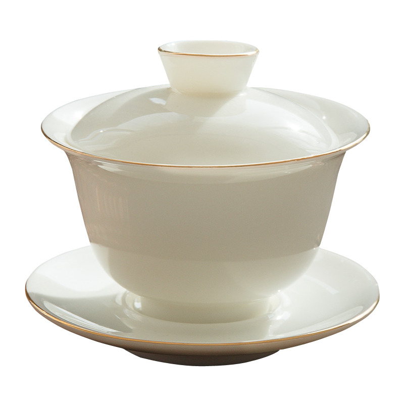 陶幽盖碗茶杯纯手工描金猪油白陶瓷泡茶碗白瓷功夫茶具三才敬茶碗