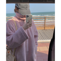 White water women pink velvet short coat womens spring and autumn new lazy wind loose outside wear wild thickened top