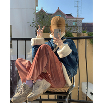 White water women lamb wool stitching denim jacket womens spring and Autumn new velvet thickened loose blue stand-up collar top