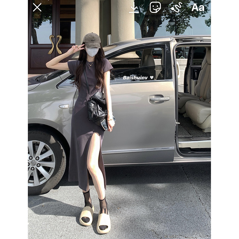 White Water Female Short Sleeve Open Fork Dress Woman Summer Temperament Superior hot girl with slim fit grey tight dress-Taobao