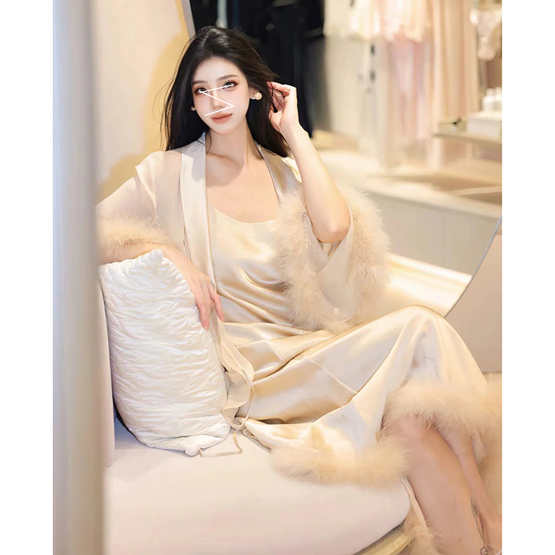 Fensee High-End Pajamas, Luxurious Satin Collar, Feather Tie, Slightly See-Through Dressing Gown, Camisole Nightdress, Long Home Set