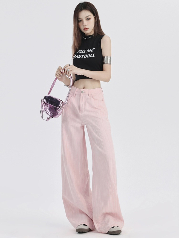 Cc Same Style Spring and Summer New Straight-Leg Vertical Stripe Texture Dopamine Cool Girl Loose High-Waisted Slim Wide-Leg Pants