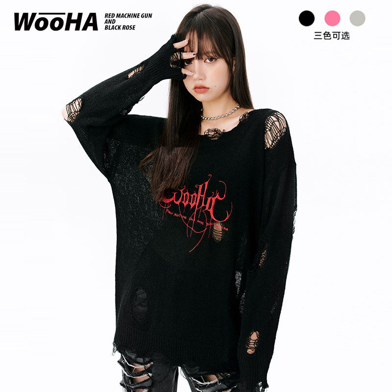 WooHa wuha 2021 Winter New loose knit sweater women wear thin hole long sleeve hollow sweater women