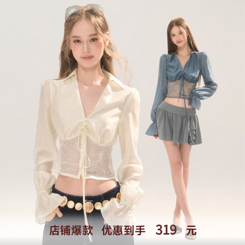 Wooha Wuhaha'Pure Desire Tencel Patchwork' 2026 Autumn New Sheer Lace Long Sleeve Shirt for Women