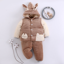 Baby cotton suit three-piece set spring and autumn winter outfits thick warm cotton padded jacket hooded baby clothes