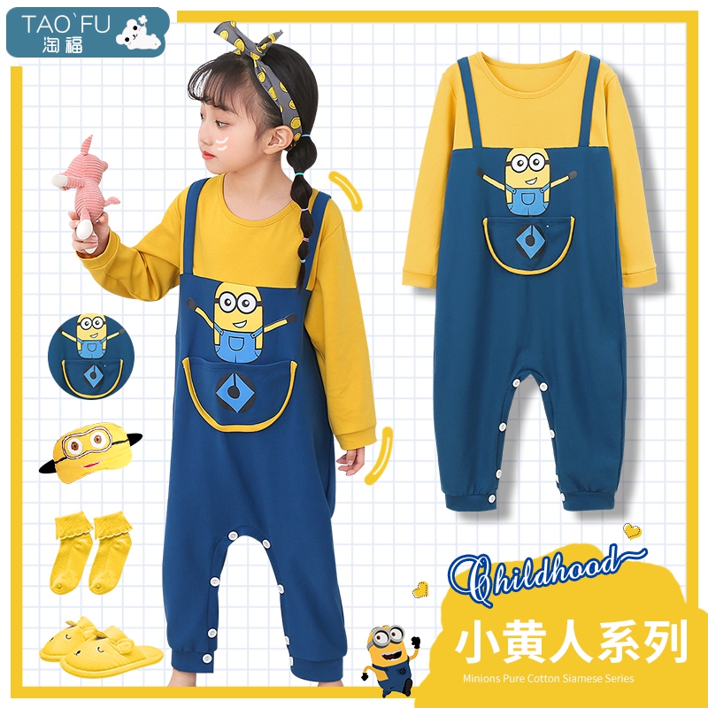 Xuân Thu trẻ em jumpsuits bông dài sleeveth cậu bé chống đá cartoon cô gái mùa hè quần áo nhà mỏng.