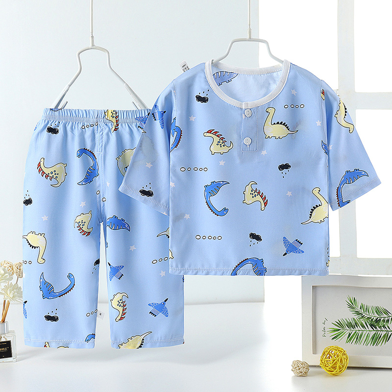 Childrens đồ ngủ lụa cotton mùa hè mỏng nhà băng lụa cậu bé phim hoạt hình bé trai cotton điều hòa không khí quần áo.