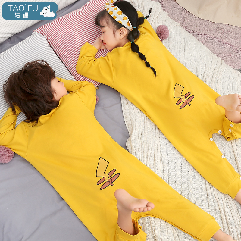 Xuân Thu trẻ em jumpsuits bông dài sleeveth cậu bé chống đá cartoon cô gái mùa hè quần áo nhà mỏng.