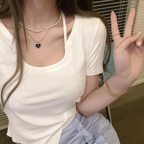 Дизайнерская летняя футболка, тренд сезона, короткий рукав, по фигуре