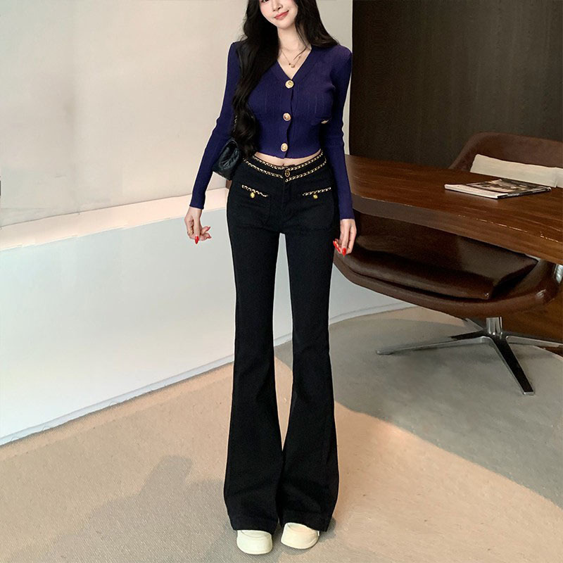 Li Li's Little Chanel-Style Black Gold Chain Design Jeans for Women 2026 Autumn New High-Waisted Elegant Flared Pants