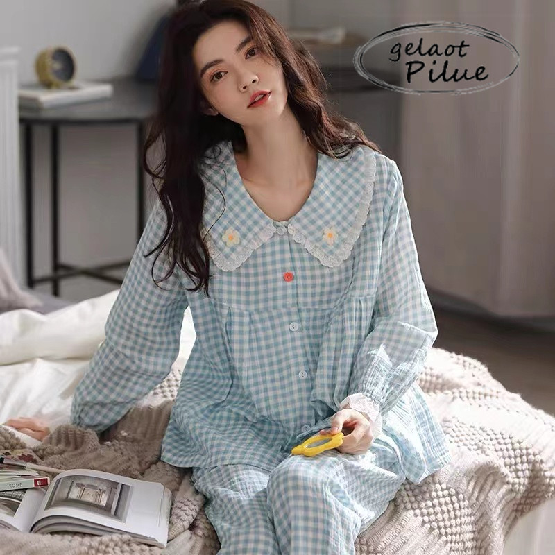 Japanese GP sweet princess style pajamas women's 2022 new spring and autumn cute plaid two-piece home clothes