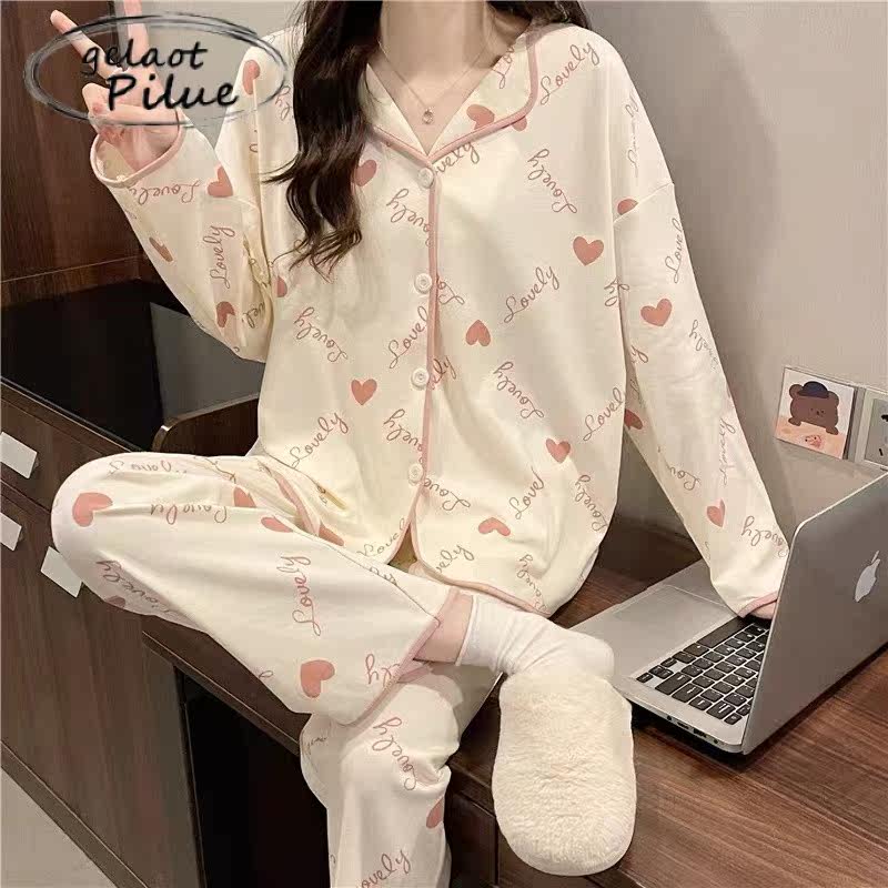 Japanese GP spring and autumn pajamas women's 2022 new long-sleeved cotton love suit sweet and cute home clothes