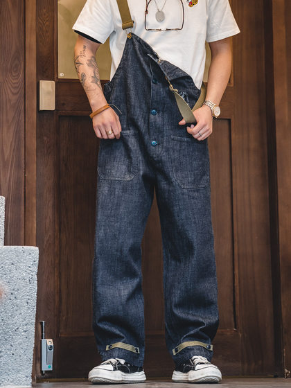 马登工装美式复古海上甲板背带裤秋季直筒阔腿套装吊带牛仔裤子男