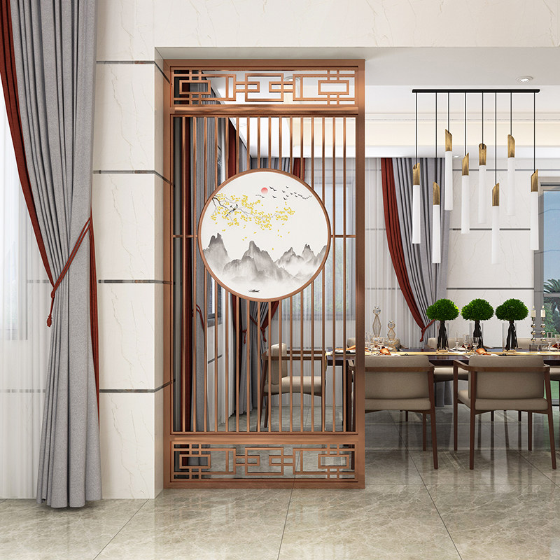 New Chinese Hollowed-out Flower Lattice Rose Gold Stainless Steel Screen Living Room Entrance Partition Metal Genguan Background Wall Custom