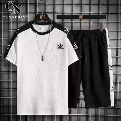 Set men's ice silk summer linen leisure sports Tide brand fashion shorts short sleeve 2021 New thin two-piece set