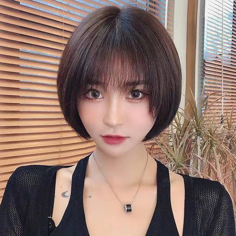 Wig Woman Summer Short Hair Sweetness Mesh Red Round Face Bobo Head Real Hair Bald Skinhead Full Head Wig Sleeve