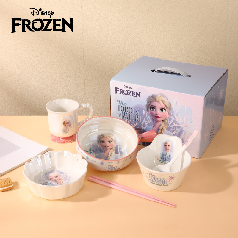 Disney Princess Elsa Set Cartoon Tableware Cute Household Ceramic Bowls, Plates, Spoons and Chopsticks Creative Tableware